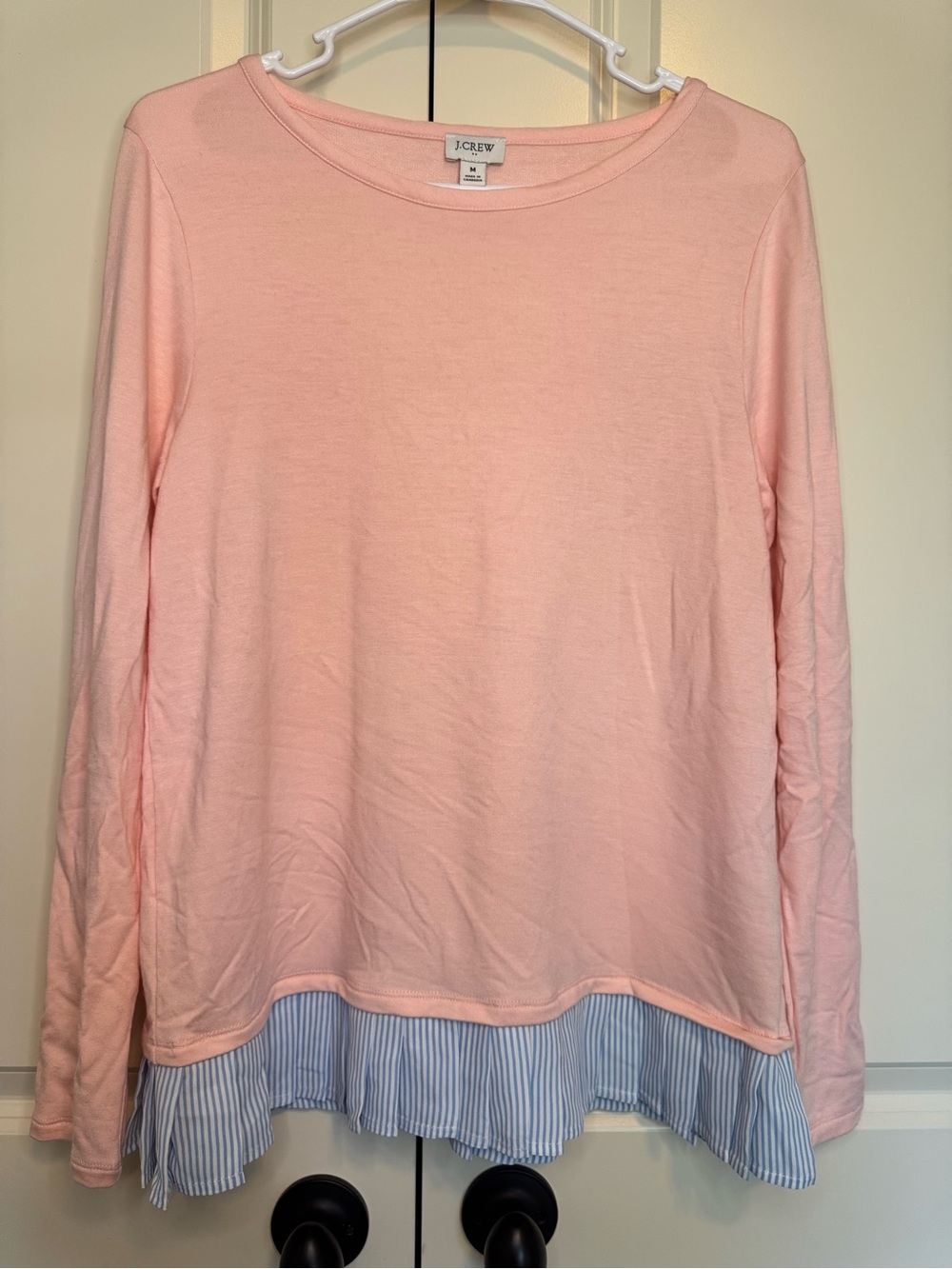 J. Crew Pale Pink Long-Sleeve Top with Blue-White Striped Ruffle Hem